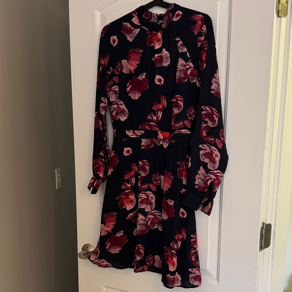 Banana Republic Navy Long-Sleeve Floral Dress with Red and Pink Floral Print
